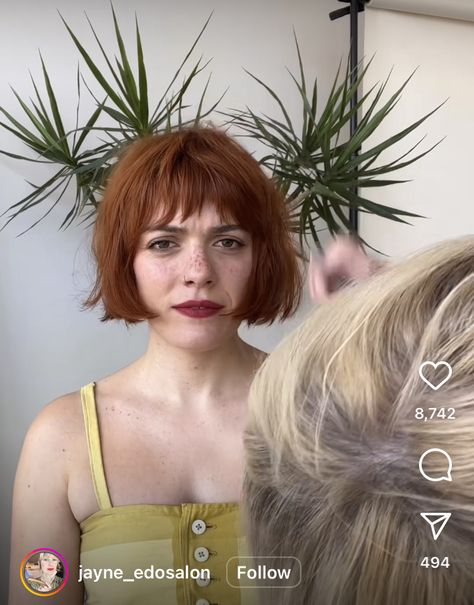 French Bob Ginger, Red French Bob With Bangs, Modern French Bob With Bangs, Copper French Bob, French Bob Red Hair, French Bob With Baby Bangs, Super Short French Bob, Red French Bob, French Bob Blonde