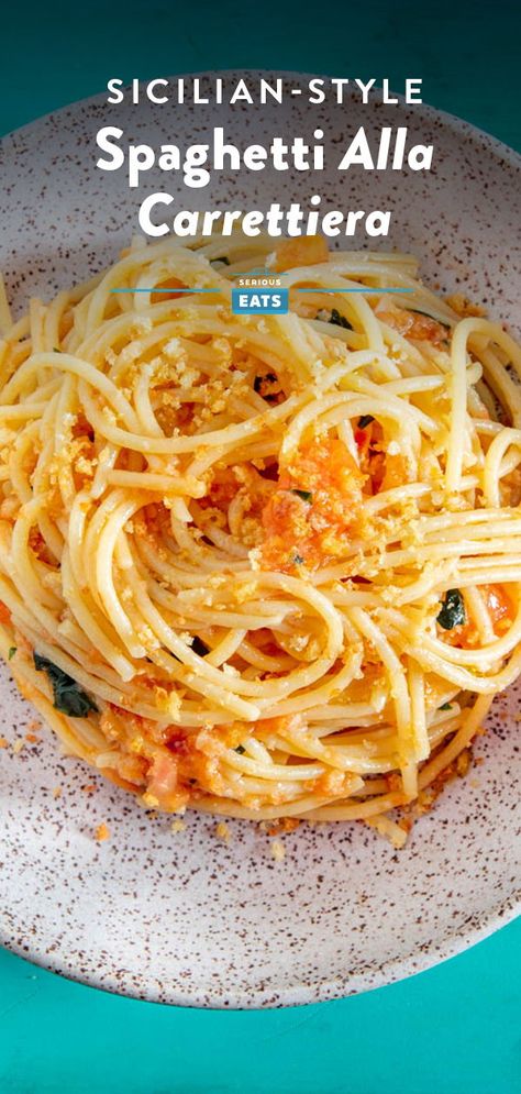 Grated Tomato Pasta, Pasta With Light Sauce, Sicilian Spaghetti, Spaghetti Alla Carrettiera, Sicilian Pasta, Fresh Pasta Recipes, Sauces Recipes, Basil Olive Oil, Pasta Side Dishes