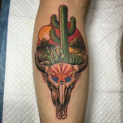 Arizona themed cactus and skull tattoo - Aaron Casas Men Cactus Tattoo, Traditional Arizona Tattoo, Bull Skull Tattoo With Cactus, Tucson Tattoo Ideas, Neo Traditional Cactus Tattoo, Cow Skull Tattoo Traditional, Desert Scene Tattoo Sleeve, Cow Skull And Cactus Tattoo, Cactus And Skull Tattoo