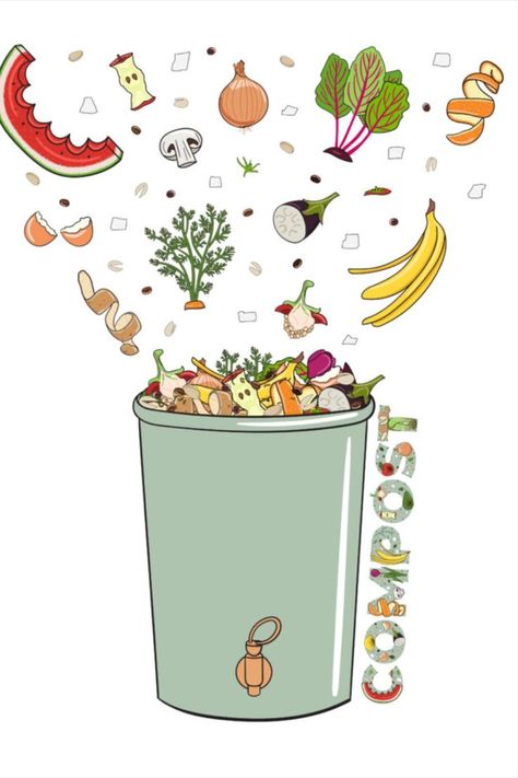 Illustration showing food waste going into a compost bin. Compost Aesthetic, Compost Drawing, Food Waste Illustration, Community Compost, Recycle Garden, Home Composting, How To Compost, Illustration Art Kids, Green School