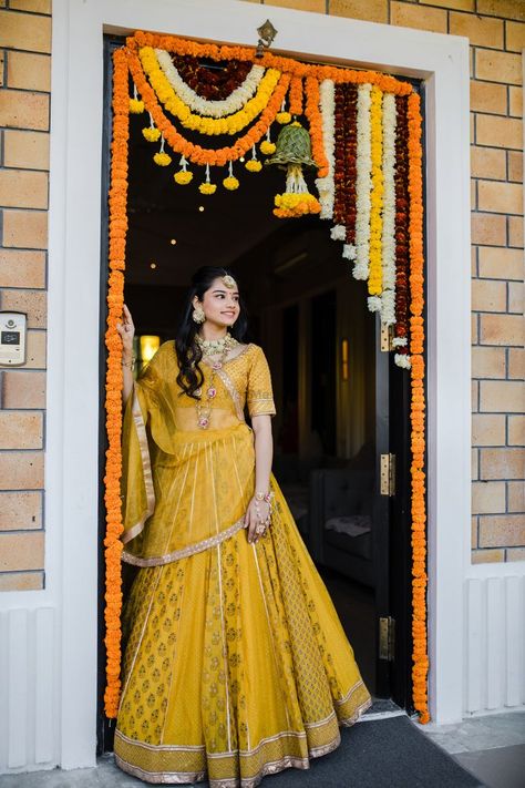 mustard yellow lehenga for haldi or mehendi Haldi Look For Bride In Lehenga, Outfit For House Warming Ceremony Indian, Outfits For House Warming Party Indian, Mustard Yellow Bridal Lehenga, Haldi Function Dress For Bride Indian, Yellow Saree Bride Indian Weddings, House Warming Ceremony Outfits, Gruhapravesam Outfits, Haladi Shastra Dress For Bride