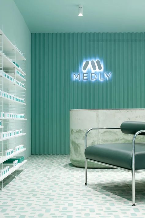 SERGIO MANNINO STUDIO · Medly Pharmacy in New York · Divisare Ortho Office, Aqua Color Schemes, Pastel Interior Design, Pharmacy Decor, Pastel Interior, Geometric Tiles, Tile Projects, Successful Online Businesses, Shop Interiors