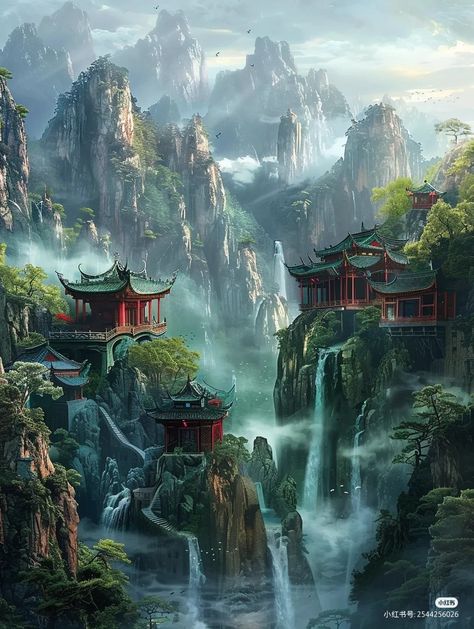 Ancient Chinese Architecture Interior, Chinese Temple Drawing, Japanese Art Samurai, Ancient Chinese Architecture, Asian Landscape, Dreamy Artwork, Pretty Backgrounds, Chinese Landscape, Japanese Landscape