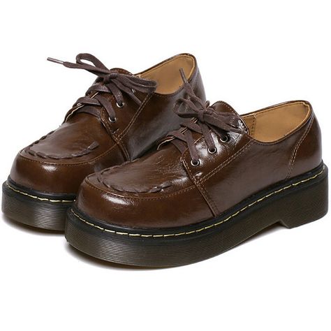 Brown Vintage Thick-soled Round Toe Flats ($47) ❤ liked on Polyvore featuring shoes, flats, patent leather shoes, vintage flats, brown flats, vintage flat shoes and lace up flats Sepatu Platform, Brown Flat Shoes, Mode Hippie, Dr Shoes, Brown Flats, Shoe Inspo, Patent Leather Shoes, Brown Vintage, Shoes Brown