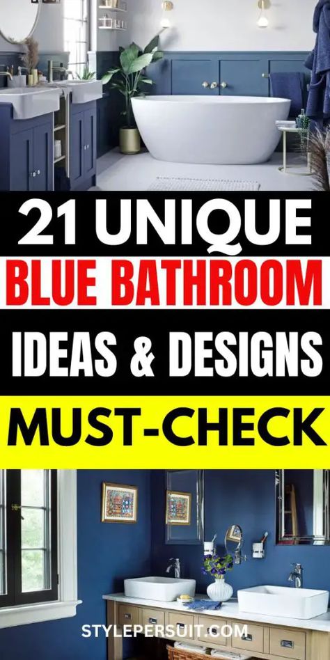 21 Blue Bathroom Ideas With Timeless Style Midnight Blue Bathroom Walls, Funky Blue Bathroom, Bathroom Ideas With Navy Blue Vanity, Bathrooms With Blue Walls, Indigo Bathroom Ideas, Bathroom With Blue Vanity Ideas, Dark Blue Wall Bathroom, Light Blue Tile Bathroom Ideas, Blue Tile Wall Bathroom