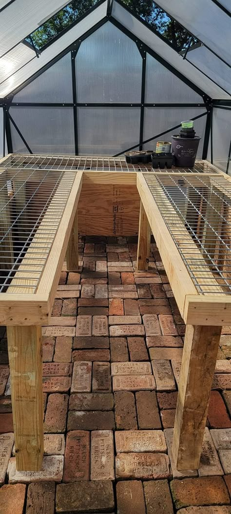 Greenhouse Brick Base, Greenhouse Rack Ideas, Lattice Greenhouse, Open Air Greenhouse, High Tunnel Greenhouse Layout, Greenhouse With Storage, Diy High Tunnel Greenhouse, Greenhouse Against House, Greenhouse Shelf Ideas