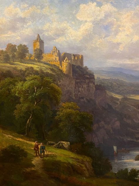 Victorian Era Landscape, Renisance Paintings Aesthetic, Landscape Ideas Painting, Old Oil Paintings, Medieval Landscape, 1800s Art, Romanticism Paintings, Medieval Painting, Castle Painting