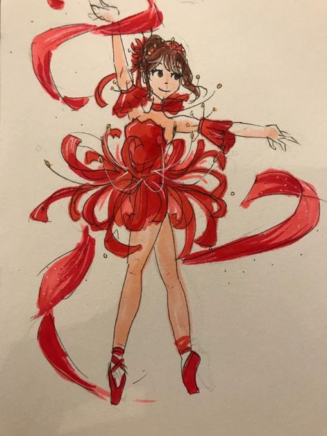 Inspiration from red spider-lilys Spider Outfit Drawing, Spider Dress Drawing, How To Make Spider Lily, Spider Lily Clothes, Spider Lily Character Design, Flower Dress Art Drawings, How To Draw Spider Lily, Red Spider Lily Anime, Spider Lily Dress