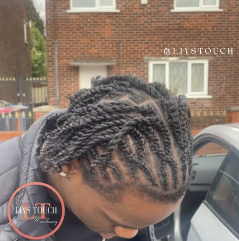 Mens Fulani twists Mens Fulani braids half cornrows half twists Manchester Uk Cornrows Into Plaits Men, Braid To Twist Hairstyle, Half Braids Half Twists, Cornrows To Braids, Men’s Fulani Braids, Braids Into Twist, Cornrow Into Twist, Cornrows To Twists, Fulani Braids On Men