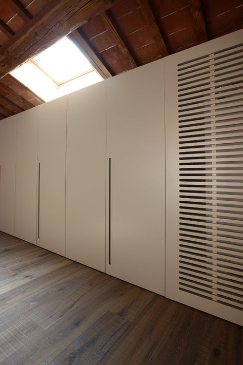 detail of the cupboards showing the custom ventilation grille that hides the dehumidifier Kitchen Cabinet Ventilation Grill, Ventilation Holes In Cupboard Doors, Ventilated Closet Doors, Wardrobe Ventilation Ideas, Cabinet Ventilation Hole Design, Wardrobe With Ventilation, Ventilated Cabinet Doors, Kitchen Cabinet Ventilation, Cabinet Ventilation