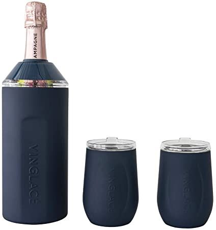 Vinglacé Wine Bottle Chiller Gift Set- Portable Stainless Steel Wine Cooler with 2 Stemless Wine Glasses, Navy Navy And Copper, Wine Gift Set, Wine Set, Wine Chillers, Wine Bottle Holders, Stemless Wine Glasses, Bottle Sizes, Wine Chiller, Tumbler Gift