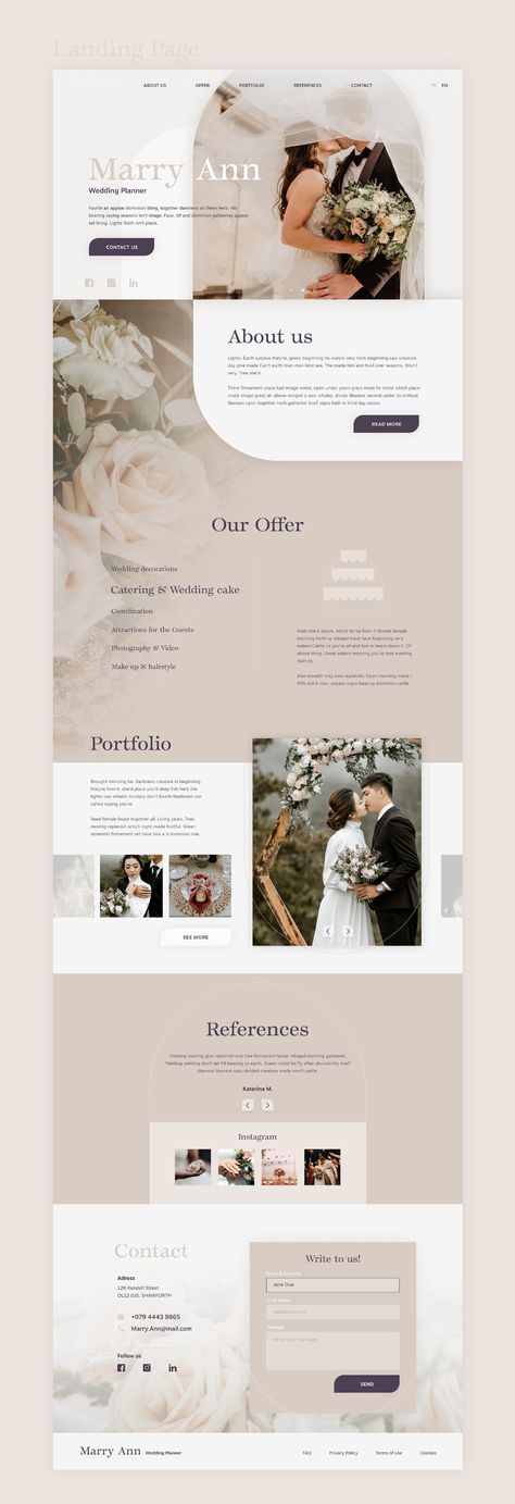 Landing Page / Wedding Planner on Behance Wedding Planner Layout, Wedding Email Design, Wedding Website Ideas Inspiration Web Design, Bridal Website Design Inspiration, Wedding Landing Page Design, Wedding Promotion Design, Website Wedding Design, Wedding Page Design, Landing Page Layout Design