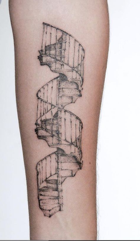 5 Unique Tattoo Ideas For Design And Architecture Lovers #architecture #detailedtattoos #tattooinspo #geometry #structure #perfection Deconstructed Tattoo Ideas, Tattoos For Interior Designers, Tattoo Of Buildings, Fine Line Architecture Tattoo, Interior Design Tattoo Ideas, Historical Art Tattoo, Arcitechture Tattoos, Architectural Tattoo Ideas, Stairwell Tattoo