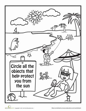 If you have too much fun in the sun, you might get sunburned! Color this summer scene with your child, and teach him about the importance of sunblock. #educationdotcom Sun Safety Activities For Preschoolers, Summer Safety Preschool, June Worksheets, Sun Safety Activities, Sun Worksheet, Kindergarten Health, Safety Town, Safety Worksheets, Teaching Safety