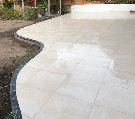 Outside Garden Ideas, Porcelain Patio, Summerhouse Ideas, Curved Patio, Patio Edging, Porcelain Paving, Sandstone Paving, Dark Tile, Natural Granite