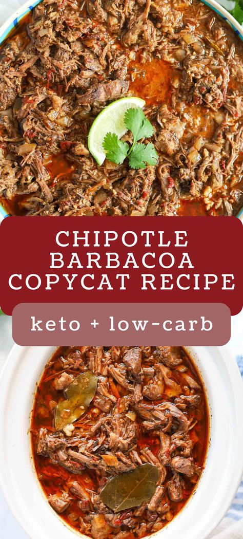 This copycat chipotle barbacoa meat recipe is perfect for meal prepping. It's made in a slow cooker to make tender beef that can be served in tacos, burrito bowls, or even on a fresh bed of lettuce! crockpot recipes | keto slow cooker recipes | keto chipotle recipes Keto Barbacoa, Slow Cooker Burrito, Chipotle Barbacoa, Beef Burrito Recipe, Beef Barbacoa, Barbacoa Recipe, Slow Cooker Barbacoa, Low Carb Crock Pot Recipes, Burrito Bowls Recipe