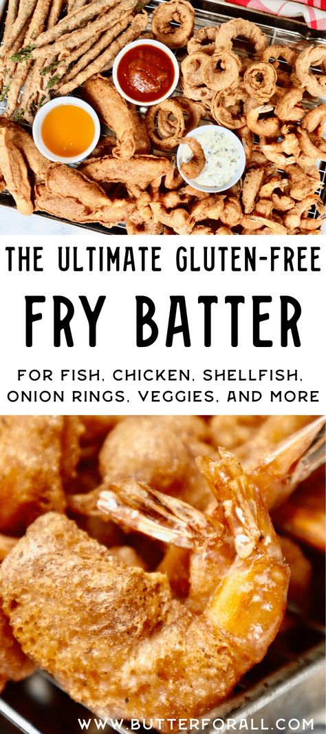 A super light and crispy batter made with only four ingredients! Get ready to be blown away by how deliciously easy it is to achieve perfectly golden crunchy fried foods! #glutenfree #fish #shellfish #chicken #onionrings #fried #asparagus #veggies #batter #avocadooil #tallow #coconutoil Almond Flour Batter For Frying, Gluten Free Fish Batter Air Fryer, Gluten Free Fish Batter Recipe, Gluten Free Fish Fry, Fry Batter Recipe, Gluten Free Fried Fish, Gluten Free Fish Batter, Frying Batter, Buckwheat Gluten Free