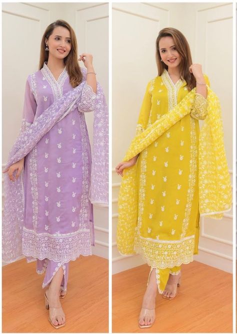 X-Lady launching 😍 Pakistni suit 🤩 💜💛💜💛💜💛💜💛💜 Step into the world of subtle glamour with our NEW Pakistani embroidery Suit set. 🥰Crafted with delicacy, the kurta has beautiful embroidery all-over. The embroidered sleeves and bottom adding an extra touch of elegance, making it ideal for 😎any festive celebration. It is paired with matching pants and dupatta. It comes with lining🥰 Color: Lilac and Yellow 💜💛💜💛💜💛💜💛💜 Fabric:- Pure Organza Febric with embroidery work Available in sizes:- M(38) ... Pakistani Embroidery, Lilac And Yellow, Suits For Women Indian, Punjabi Suits Party Wear, Wedding Salwar Kameez, Organza Suits, Embroidery Suit, Dress Salwar Kameez, Kurti Set