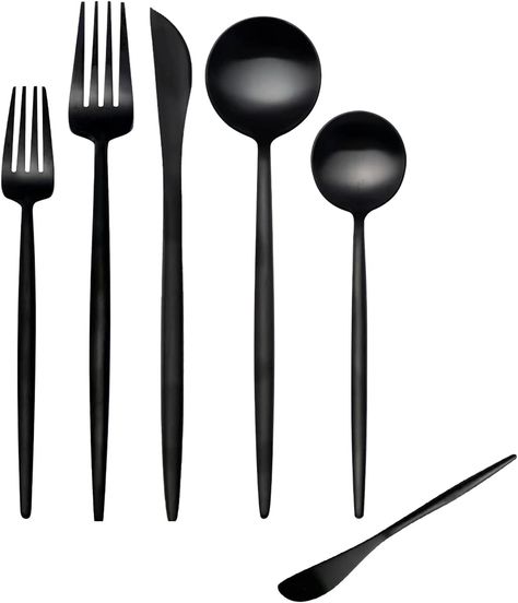 modern matte black silverware set. 30 pc. As an Amazon Associate I earn from qualifying purchases. Black Flatware Table Setting, Friendsgiving Table Setting, Friendsgiving Table, Black Silverware, Black Flatware, Dessert Spoons, High Quality Food, Serving Set, Utensil Set