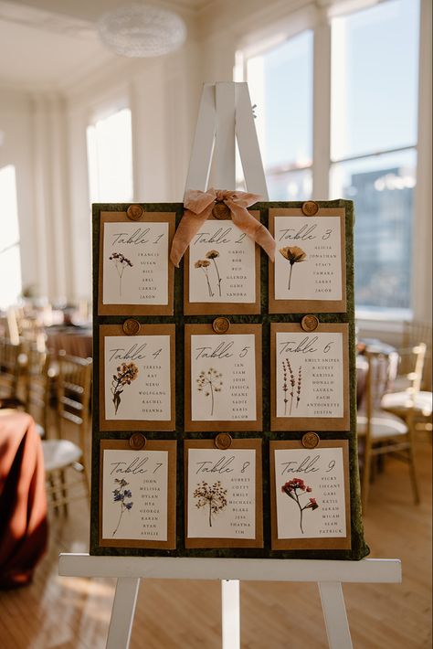 Romantic seating chart Table Board Wedding Seating Charts, Seating Chart Display Ideas, Plant Seating Chart, Romantic Seating Chart, Wedding Seating Chart Frame, Wedding Sitting Chart, Fall Wedding Seating Chart, Fall Wedding Seating, Wedding Table Seating