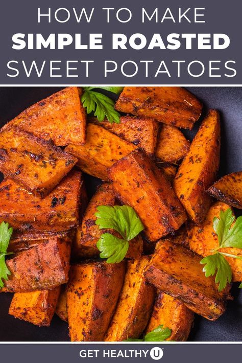 Sweet potatoes are filling, healthy, delicious and so versatile! This simple roasted sweet potato recipe is easy enough for a weeknight staple but delicious enough to show up on your Thanksgiving table. Traditional Holiday Recipes, Boiling Sweet Potatoes, Herb Recipes, Macro Meals, Stuffed Chicken, Sweet Potato Recipes, Healthy Side Dishes, Roasted Sweet Potatoes, Makati