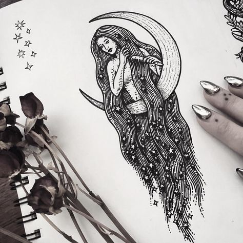 5,427 Likes, 88 Comments - Poison Apple Printshop (@poisonappleprintshop) on Instagram: “A moonlit lady with star dust in her hair. ✨ I created this drawing as an ode to self care and the…” Self Love Tattoo, Ac New Leaf, Witch Tattoo, Goddess Tattoo, Moon Tattoo Designs, Poison Apple, Star Dust, Skin Art, Love Tattoos