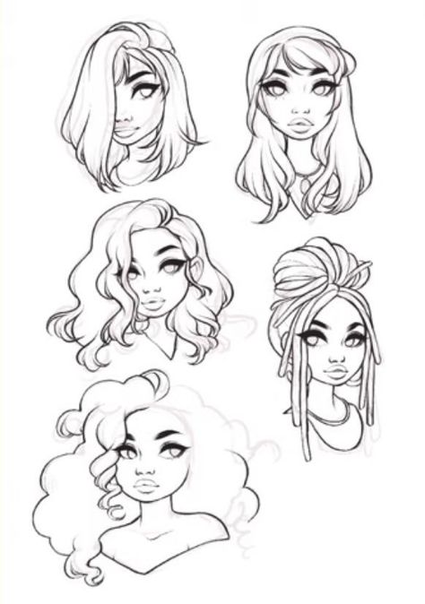 Hair Artstyle Drawing, Wavy Hair Styles Drawing, Wavy Hairstyles Drawing Reference, Cute Cartoon Hairstyles, Cartoon Hairstyles Reference, Black Hairstyles Drawing Reference Women, Drawing Hair Front View, Cartoon Woman Face, Big Hair Reference