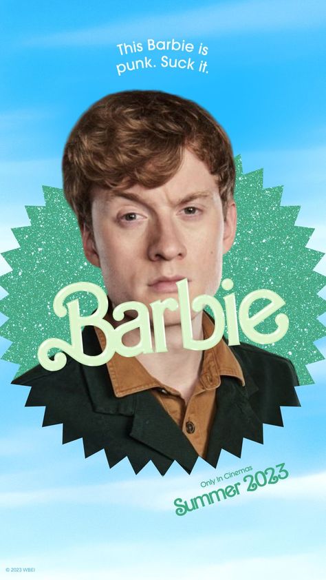 A photo of comedian James Acaster, during Taskmaster, using the Barbie movie template. The top line says, "This Barbie is punk. Suck it." James Acaster Taskmaster, James Acaster Funny, Taskmaster Aesthetic, James Acaster Aesthetic, Lars Pinfield, British Comedians, James Acaster, Pokemon Gym, Awkward Funny