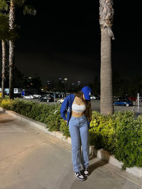 Outfit inspo for a baseball game Dodger Outfit, Baseball Style Outfits, Baseball Jersey Outfit Women, Dodgers Outfit, Baseball Jersey Outfit, Basketball Game Outfit, Chicago Outfit, Baseball Outfit, Jersey Outfit