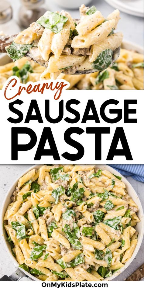 Sausage Pasta Broccoli Recipe, One-pan Creamy Penne With Spinach And Italian Sausage, Pasta Sausage Spinach Recipes, Breakfast Sausage Pasta, Easy Ground Sausage Dinner Recipes, Italian Sausage Recipes Ground, Sausage And Spinach Recipes, Sausage Noodle Recipes, Sausage And Pasta Recipes Easy