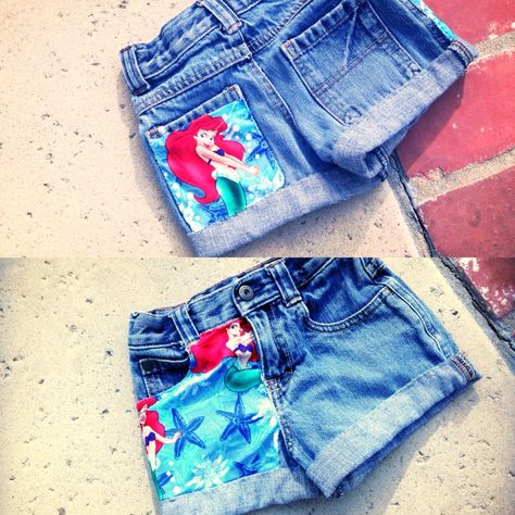 little mermaid DIY shorts  (maybe not so short but same basic idea) Disney Attire, Mermaid Shorts, Mermaid Fabric, Diy Disney Shirts, Diy Clothes Videos, Mermaid Diy, Disney Clothes, Diy Shorts, Denim Diy