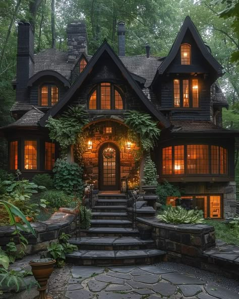 Dark Tudor House Exterior, Dark Cottage House Exterior, Witchy Home Exterior, Gothic Modern House Exterior, Grunge House Exterior, Gothic Barndominium, Moody House Exterior, Dark Academia House Exterior, Dark Green House