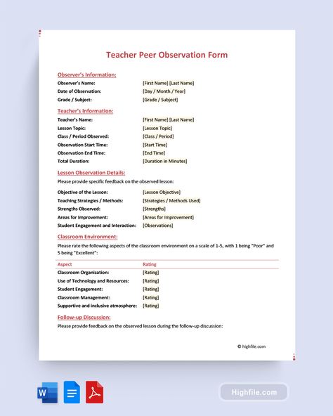 Teacher Peer Observation Form - Word | PDF | Google Docs - Highfile Principal Observation Form, Peer Observations Teachers, Peer Observation Form Teachers, Lesson Observation Form, Classroom Observation Form, Classroom Observation, Teacher Observation, Professional Learning Communities, Professional Learning