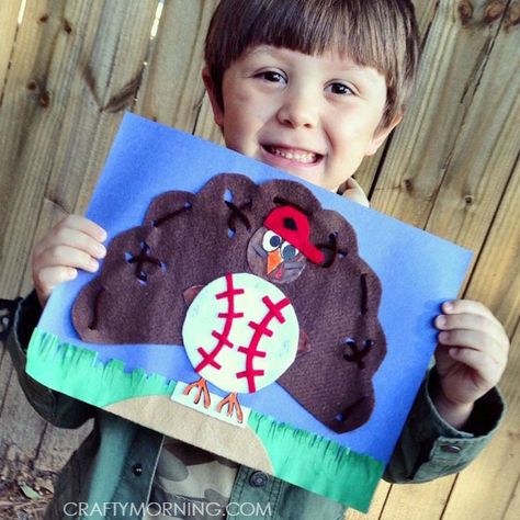 Turkey in Disguise Craft: Baseball Glove (Kids Thanksgiving craft) - Crafty Morning Paper Plate Turkey, Thanksgiving Art Projects, Turkey In Disguise, Disguise A Turkey, Turkey Disguise Project, Turkey Project, Thanksgiving School, Crafty Morning, Turkey Hat