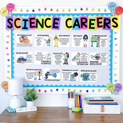 Image of a bulletin board with several science career posters. Chemistry Display Boards, Science Class Bulletin Boards, Science Display Ks2, Science Board Ideas, Career Poster Board Ideas, Science Display Board Ideas, Bulletin Board Layout, Science Chart Ideas, Chart Work Ideas