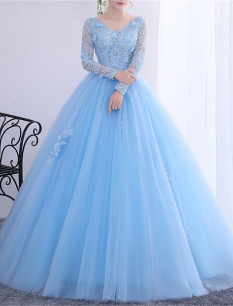 Ball Gown Quinceanera Dresses Princess Dress Performance Floor Length Long Sleeve V Neck Polyester with Crystals Appliques 2023 2023 - US $83.99 Princess Dresses Blue, Alice In Wonderland Quinceanera Theme Dress, Blue Quinceanera Dresses With Sleeves, Light Blue Gowns Elegant, Winter Quinceanera Dresses, Quinceanera Dresses With Sleeves, Puffy Ball Gowns, Quinceanera Dresses Princess, Cheap Quinceanera Dresses