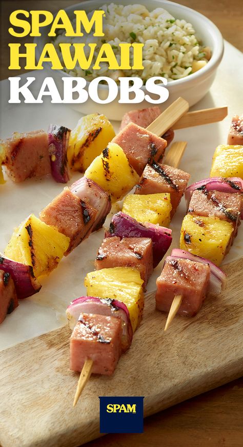 Grill the perfect summer kabob with cubes of SPAM® Less Sodium, pineapple and onion glazed with pineapple preserves and hot pepper flakes.  | SPAM® Brand | SPAM® Cordon Bleu Hawaii Kabobs | Summer Grilling Recipes | Barbeque | Hawaiian Spam Recipes, Summer Kabobs, Spam Recipes Dinners, Pineapple Preserves, Pork Barbecue, Barbecue Recipe, Spam Recipes, Canned Meat, Tailgating Recipes