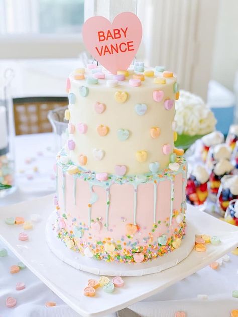 A VERY Yancey-Vance Fancy-Pants Gender Reveal Party | Briana Dai February Gender Reveal Party, Conversation Hearts Party Decorations, Baby Shower Sweetheart Theme, Sweetheart Party Theme, What Will Our Sweetheart Be Gender Reveal, Valentines Gender Reveal Cake, Gender Reveal Ideas For February, Valentine Day Gender Reveal Ideas, Valentine’s Baby Shower Ideas