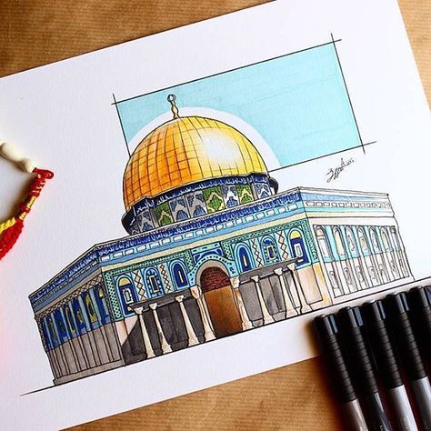 Awesome drawing of the Dome of Rock by Saudi Arabia based architectural student @3zzam_2l5lifa  #ArchiSketcher Architectural Student, Mosque Drawing, Aqsa Mosque, رسم كاريكاتير, Awesome Drawing, Mosque Art, Islamic Art Canvas, Color Drawing Art, Dome Of The Rock