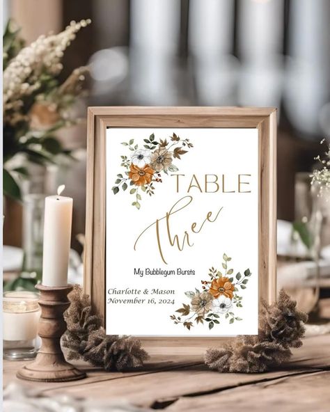 Beautiful and Elegant Fall Wedding Table Number Cards. 5x7 or 8x10 https://mybubblegumbursts.etsy.com/listing/1775307128 Fall Flower Wedding, Flower Wedding Table, Fall Wedding Table Numbers, Romantic Centerpieces, Elegant Fall Wedding, Fall Wedding Tables, Wedding Table Number Cards, Signing Table Wedding, Fall Flower