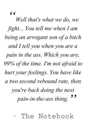 "Well that's what we do, we fight....You tell me when I am being an arrogant son of a bitch and I tell you when you are a pain in the ass. Which you are, 99% of the time. I'm not afraid to hurt your feelings. You have like a two second rebound rate, then you're back doing the next pain-in-the-ass thing."  -The Notebook by willie Notebook Quotes, The Notebook Quotes, No Rain, The Notebook, Love Is, E Card, A Quote, Hippie Style, Cute Quotes