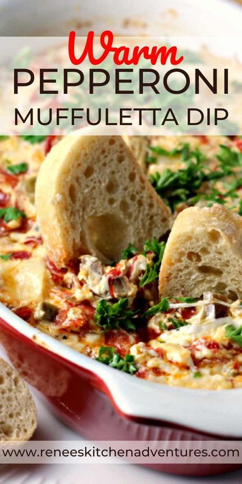 Hot Pepperoni Muffuletta Dip | Cheesy, briny, meaty deliciousness in a dip that tastes just like the iconic New Orleans sandwich. #RKArecipes! Bread Bowl Dip Recipes Appetizer Ideas, New Orleans Appetizers Finger Foods, Muffuletta Dip, Hot Dip Recipes, Sausage Stuffed Mushrooms Easy, New Appetizers, Pepperoni Dip, Stuffed Mushrooms Easy, Party Dip