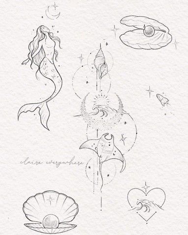 Outline Ocean Tattoo, Marine Biology Inspired Tattoos, Pearl Fine Line Tattoo, Mermaid With Pearls Tattoo, Claire Everywhere Tattoo, Mermaid Line Art Tattoo, Fine Line Pearl Tattoo, Mermaid Tattoo Aesthetic, Mermaid Aesthetic Tattoo