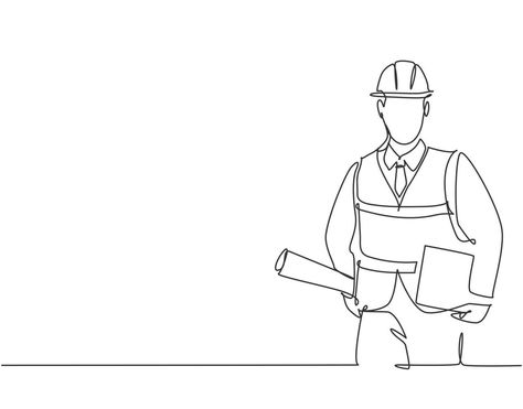 One single line drawing of young architect holding draft blueprint design roll paper and a clipboard. Building architecture business concept. Continuous line draw vector graphic design illustration Engineering Line Art, Engineer Drawing Sketch, Civil Engineering Humor, Architect Illustration, Civil Drawing, Engineer Drawing, Blueprint Design, Ing Civil, Architecture Business