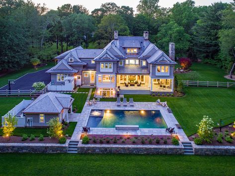 Timeless Shingle Style Home - New Canaan, Connecticut Hampton Exterior, Shingle Style Architecture, Amazing Pools, Elegant Backyard, Gray House Exterior, Shingle House, Backyard Layout, Entertaining House, Shingle Style Homes