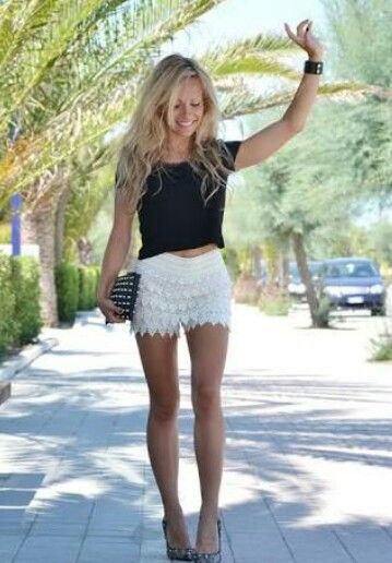 ♧ Crochet Shorts Outfit, Lace Short Outfits, White Crochet Shorts, White Lace Shorts, Summer Shorts Outfits, Crochet Shorts, Black Clothing, Shorts Outfit, Outfit Trends