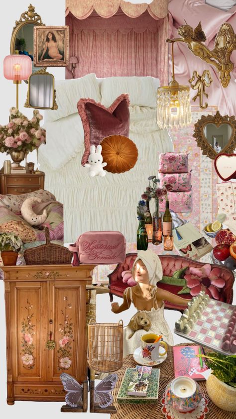 Preppy Vintage Room, Pink Aesthetic Home Decor, Whimsical Salon Decor, Pink Vintage Apartment, Girly Maximalist Decor, Clean Maximalist Bedroom, Mauve Pink Bedroom, Romantic Room Aesthetic, Pink Bedroom Maximalist