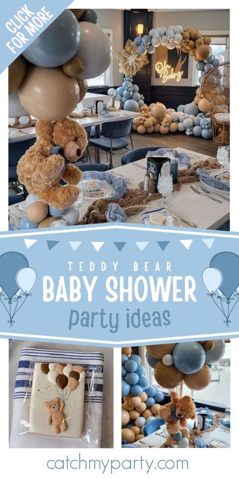 Check out this adorable teddy bear baby shower! The party decorations are wonderful! See more party ideas and share yours at CatchMyParty.com Teddy Bear Shower Decorations, Teddy Bear Treats For Baby Shower Boys, We Can Bearly Wait Boy Baby Shower Ideas, Teddy Bear Baby Shower Theme Boy Decoration, Teddy Bear Baby Shower Theme Desserts, Boy Baby Shower Teddy Bear Theme, Teddy Bear Baby Shower Food Ideas, Barely Wait Baby Shower Theme Boy, Teddy Bear Shower Ideas