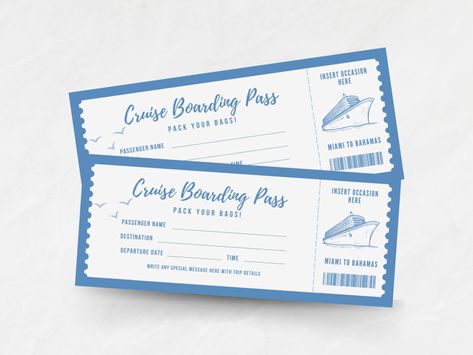 This editable cruise ticket coupon is the perfect gift for the traveler in your life! Whether it's a gift for him, a gift for her, or even for kids, it can be customized with your text to make it special. This ticket template makes a great, surprise gift certificate for a birthday, anniversary, graduation, or other special occasion. Cruise Tickets, Bullet Journal Quotes, Ticket Template, Journal Quotes, Pack Your Bags, Gift Certificate, Surprise Gift, Gift Certificates, Surprise Gifts