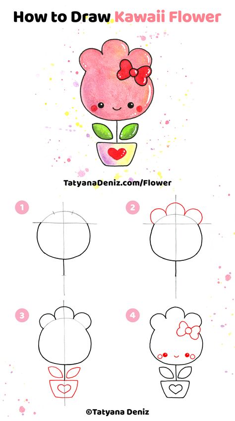 Easy step-by-step tutorial to draw a cute doodle flower in 4 simple steps. Kawaii art and drawing tutorial by Tatyana Deniz. What To Draw With Markers Ideas Easy, How To Kawaii Drawings, Step By Step Drawing For Beginners Pencil Learning, Kawaii How To Draw, Colouring Ideas Easy, Cute Easy Drawings Flowers, How To Draw Cute Things Step By Step, Kawaii Drawings Step By Step, Kawaii Doodles Step By Step